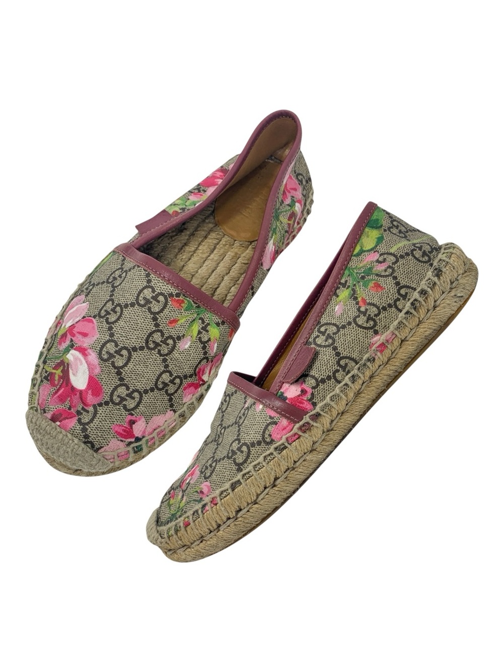 Gucci Bloom GG Supreme Monogram Canvas Pink Floral Print Espadrille Flats 34